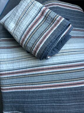 Striped Cotton Queen Quilt and 2 Matching Shams in Blue, Coral & Cream